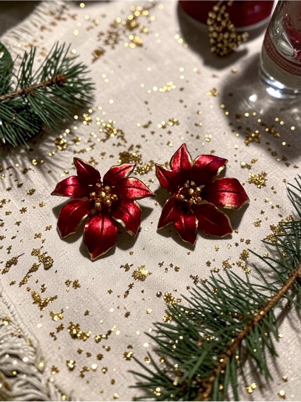 RARE Vintage Signed Cerrito Red Poinsettia Flower Earrings